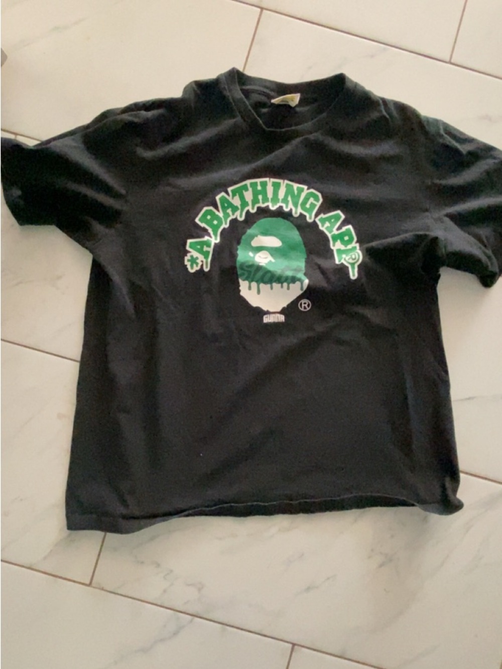 A Bathing Ape Kids Black Tee with Green Logo